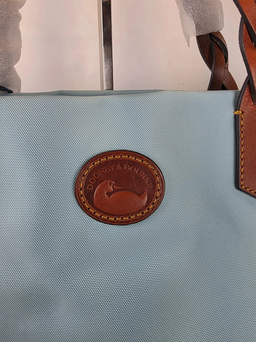 Dooney & Bourke Blue Nylon Shopper Tote Large Bag Brown Braid Leather Handles